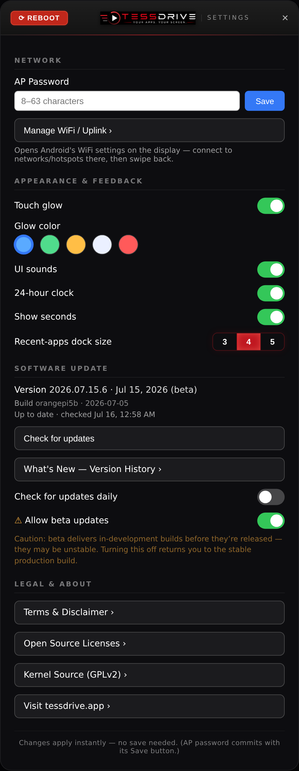 Settings panel