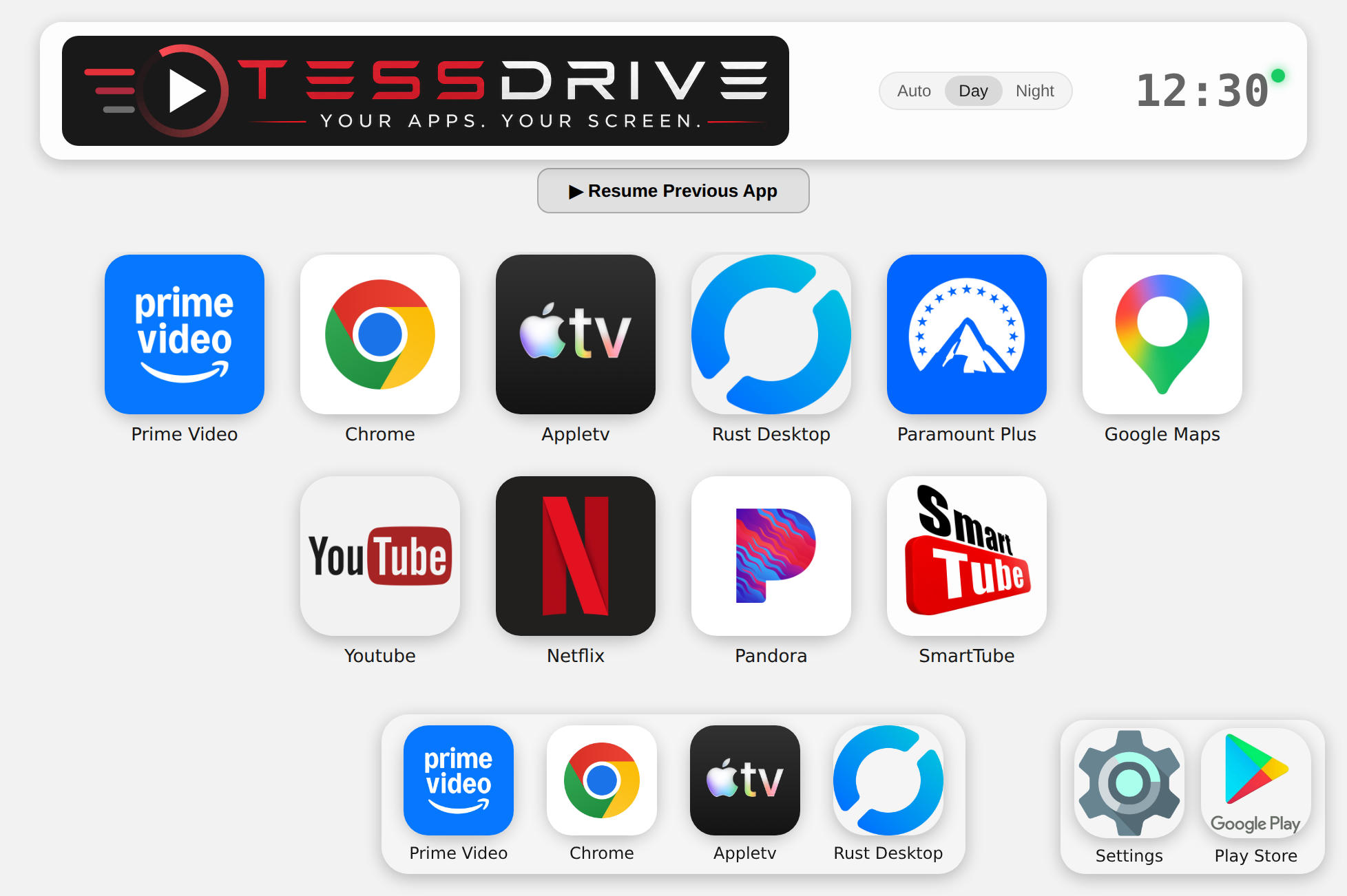 The TessDrive home screen in a Tesla browser — app grid, docks, day/night control and a live clock